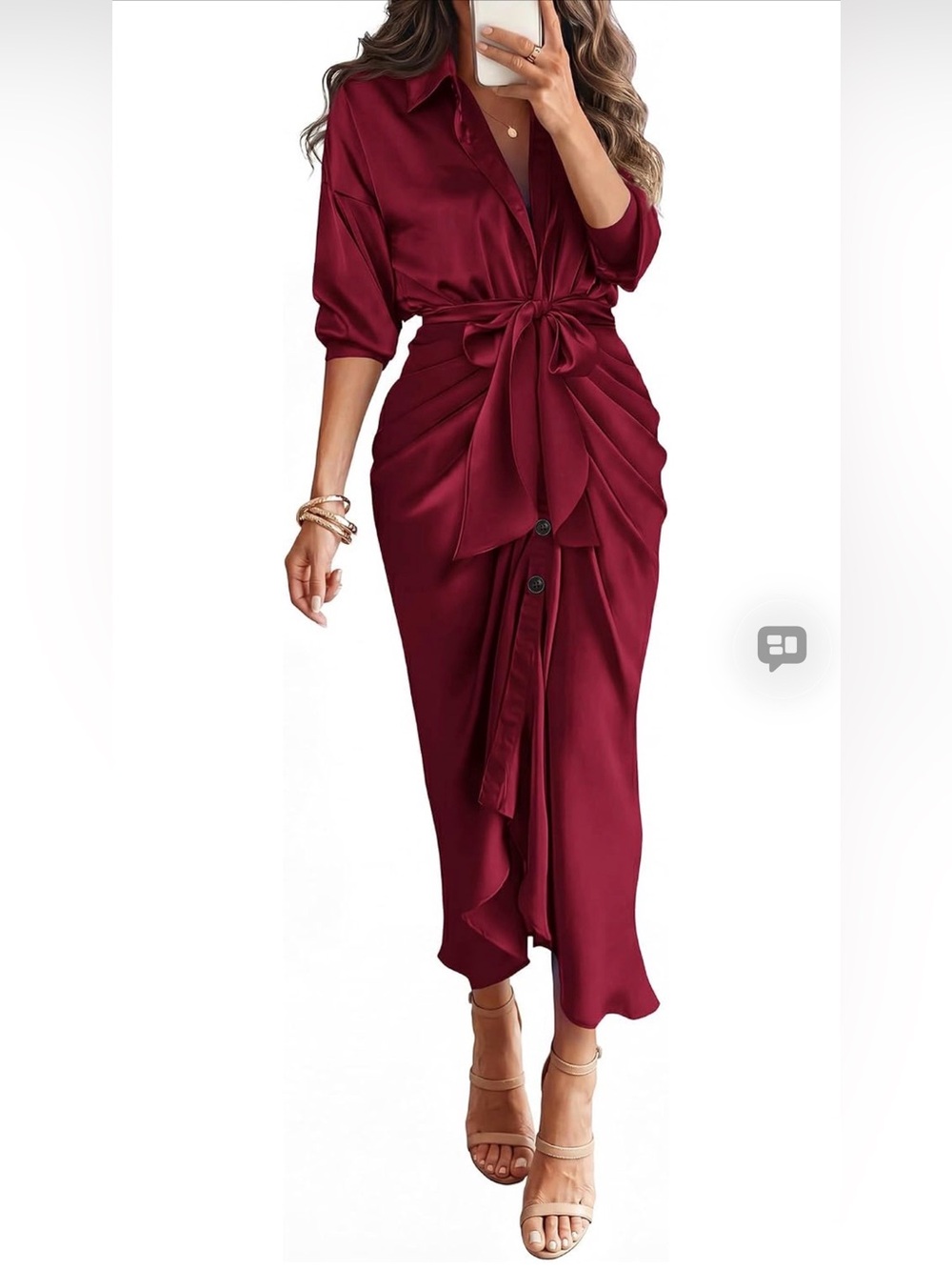 Amazon Red Wine Long Sleeve Button-Front Maxi Dress